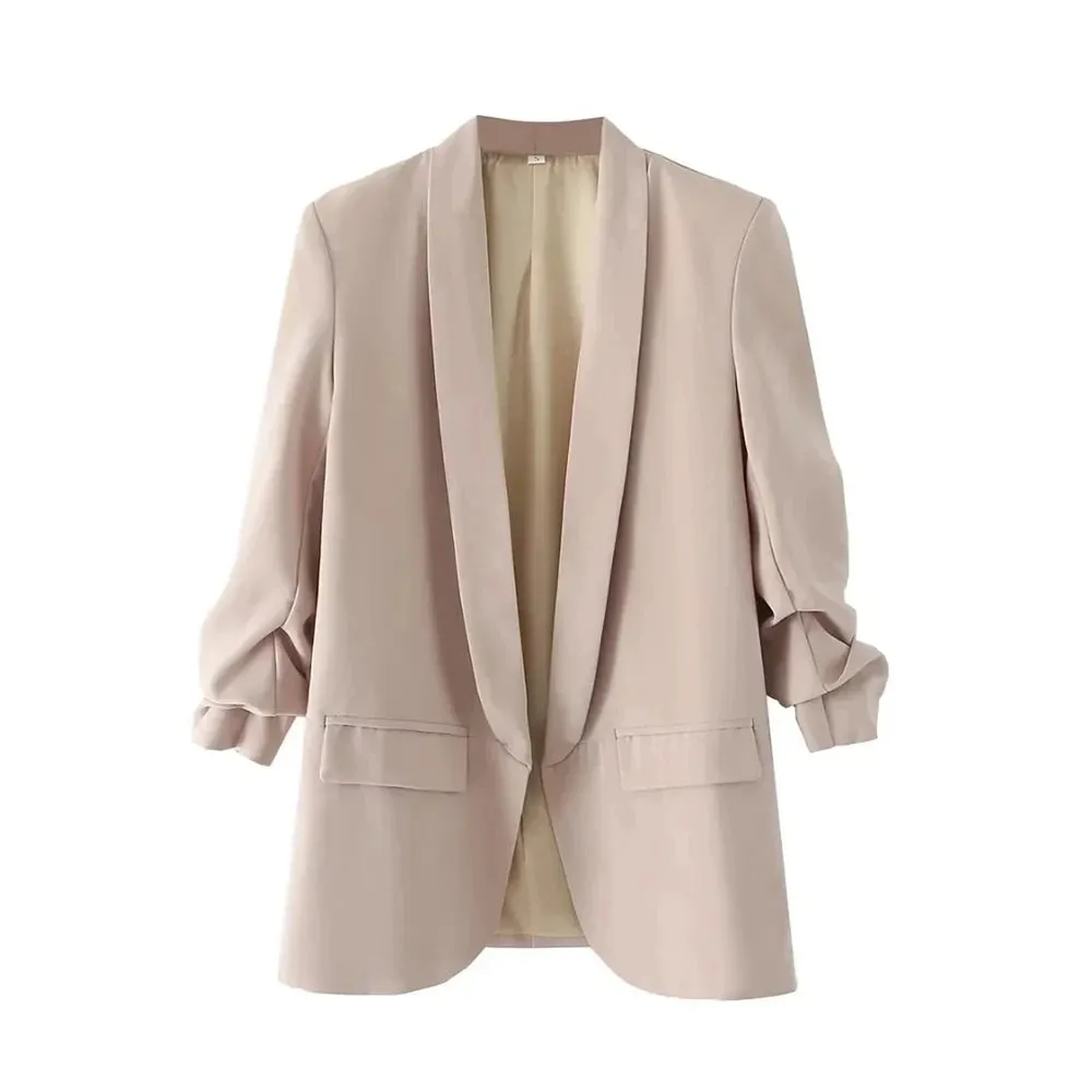 Women Fashion Office Wear Open Blazer Coat Vintage Long Pleated Sleeves Flap Pockets Female Outerwear Chic Tops