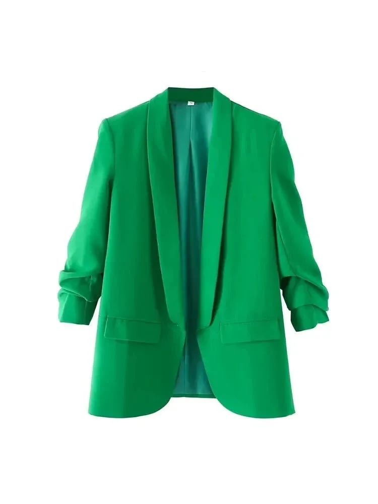 Women Fashion Office Wear Open Blazer Coat Vintage Long Pleated Sleeves Flap Pockets Female Outerwear Chic Tops
