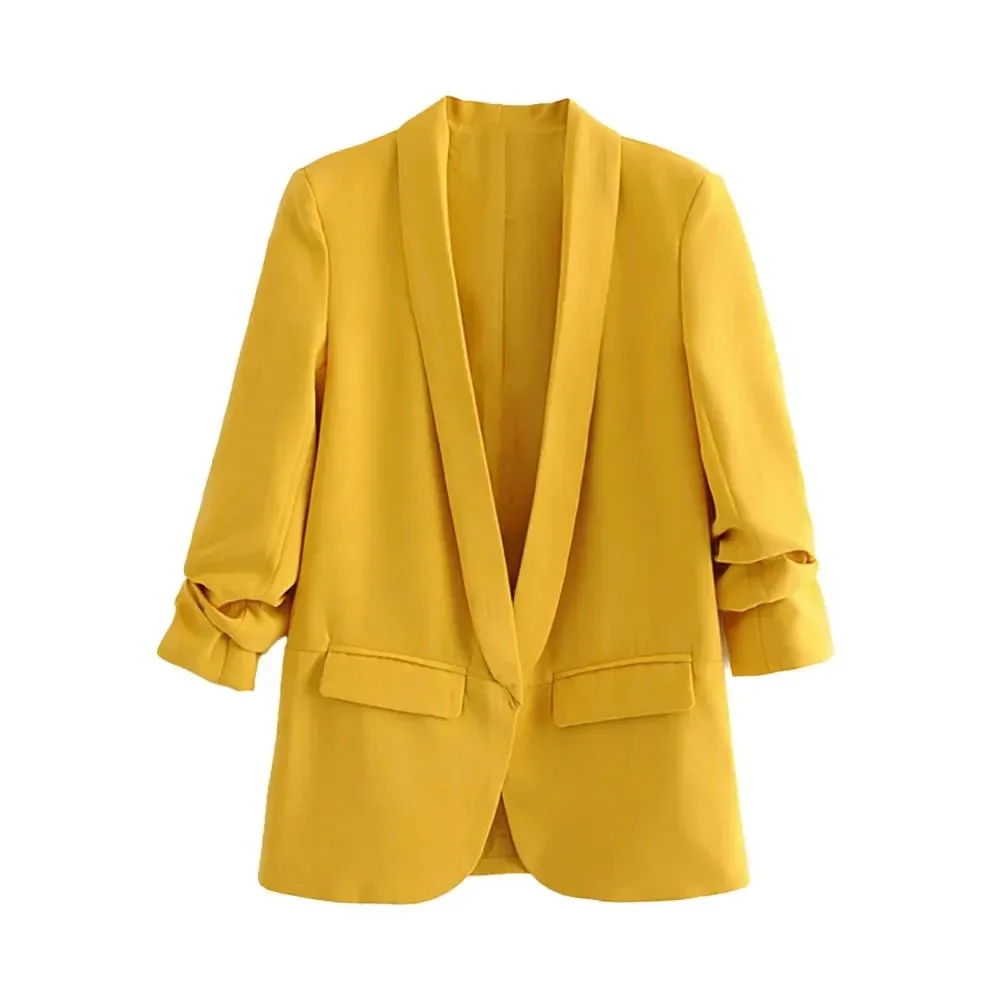 Women Fashion Office Wear Open Blazer Coat Vintage Long Pleated Sleeves Flap Pockets Female Outerwear Chic Tops