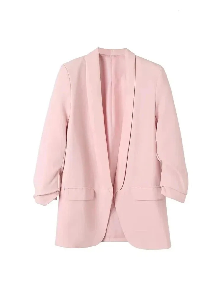 Women Fashion Office Wear Open Blazer Coat Vintage Long Pleated Sleeves Flap Pockets Female Outerwear Chic Tops