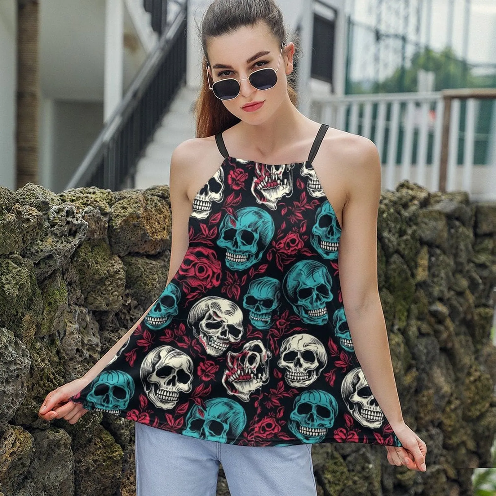 Women's Blu White Skulls On Red Roses Halter Neck Tank Top