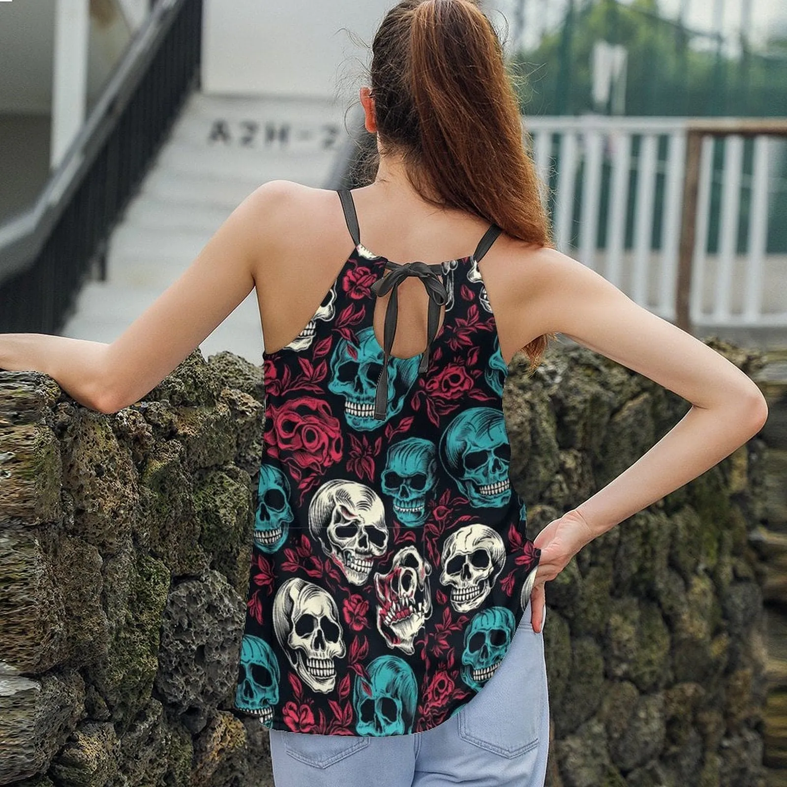 Women's Blu White Skulls On Red Roses Halter Neck Tank Top