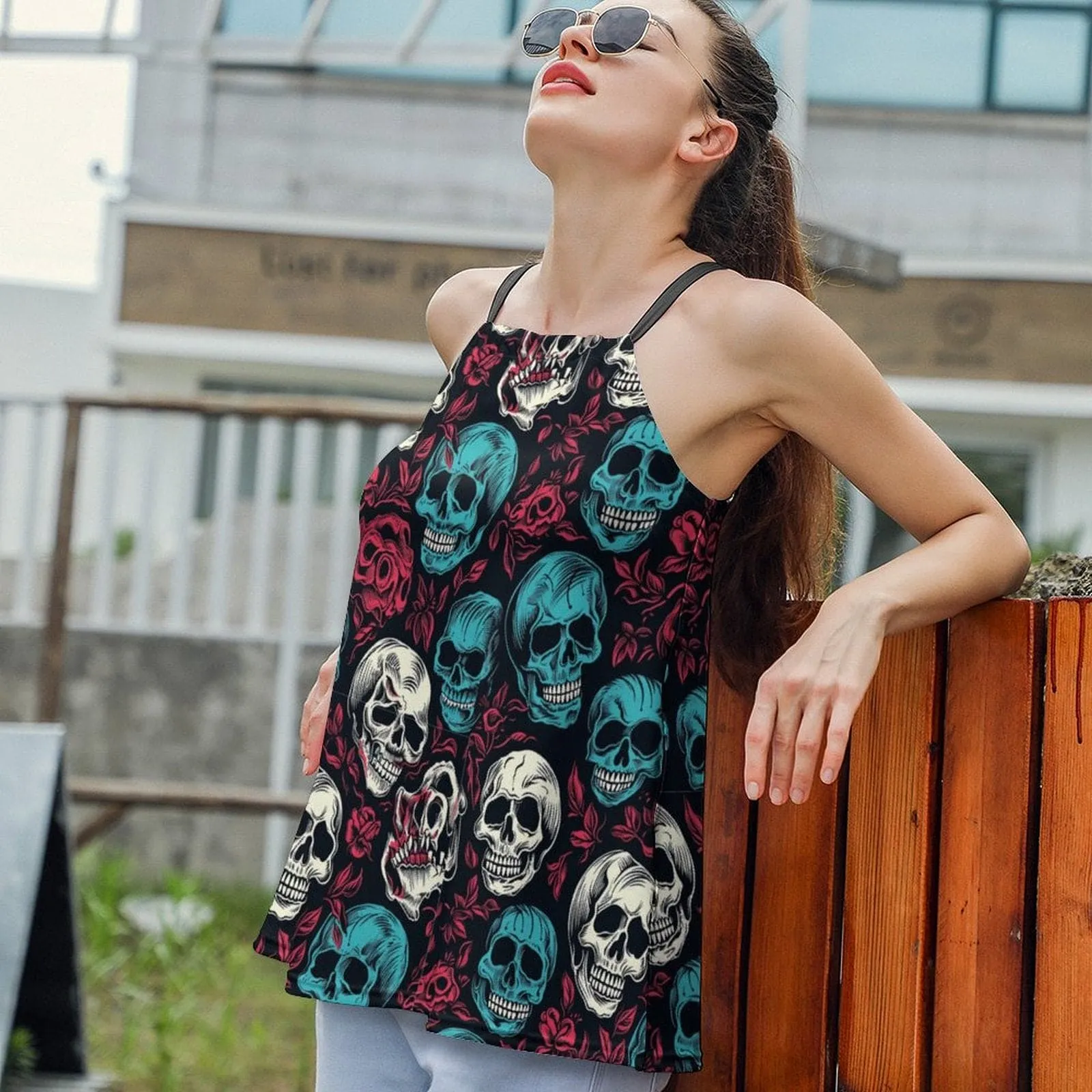 Women's Blu White Skulls On Red Roses Halter Neck Tank Top