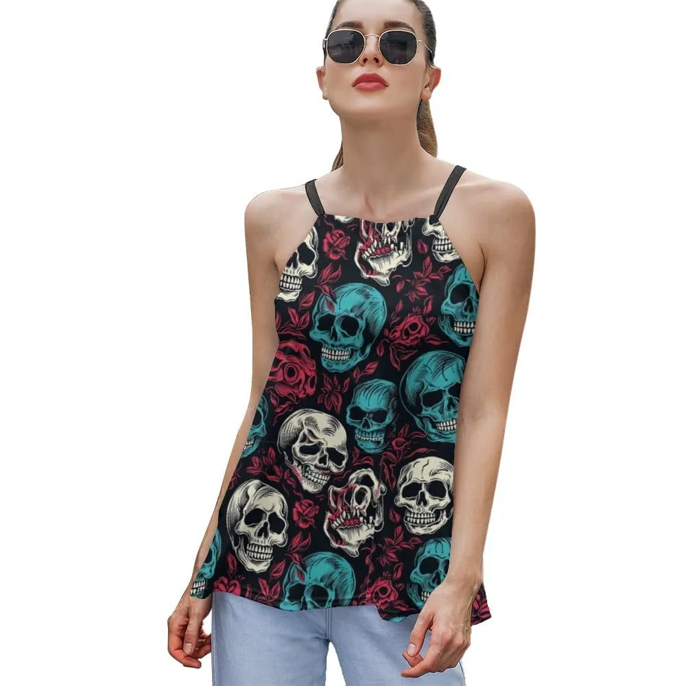 Women's Blu White Skulls On Red Roses Halter Neck Tank Top