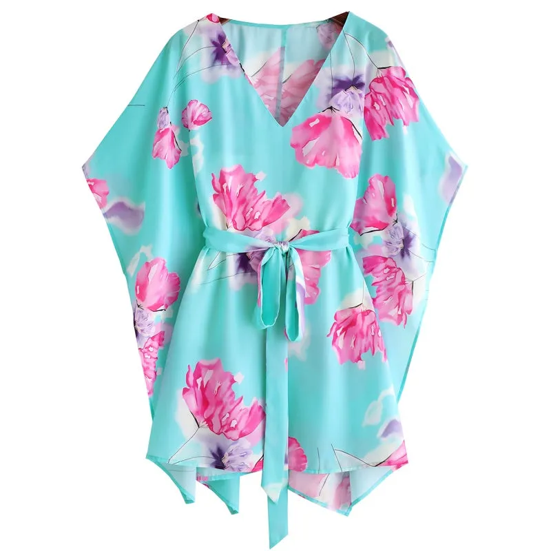 Womens Oversized Ruffle Printing Short Sleeve Tunic Chiffon Dress