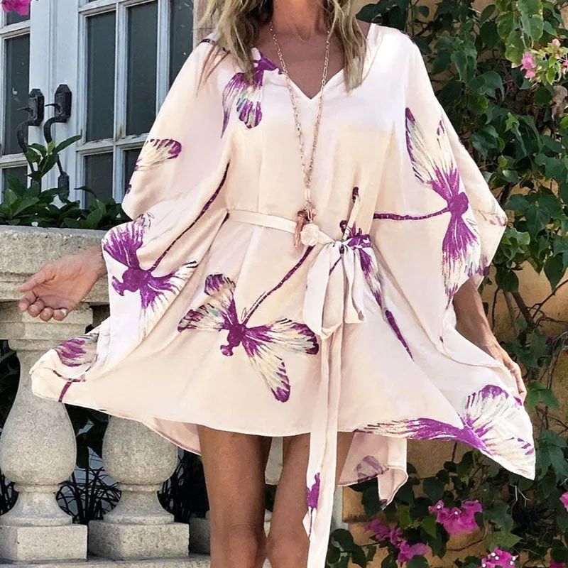 Womens Oversized Ruffle Printing Short Sleeve Tunic Chiffon Dress