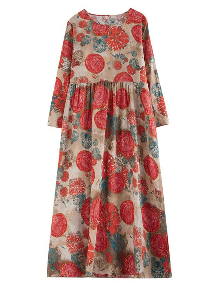 Women's Round Neck Cotton Linen Orange Polka Dots Dress