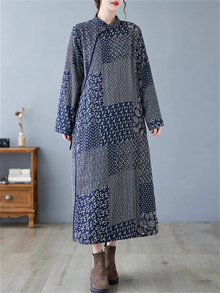 Women's Vintage Square Print Plush Liner Straight Long Dress