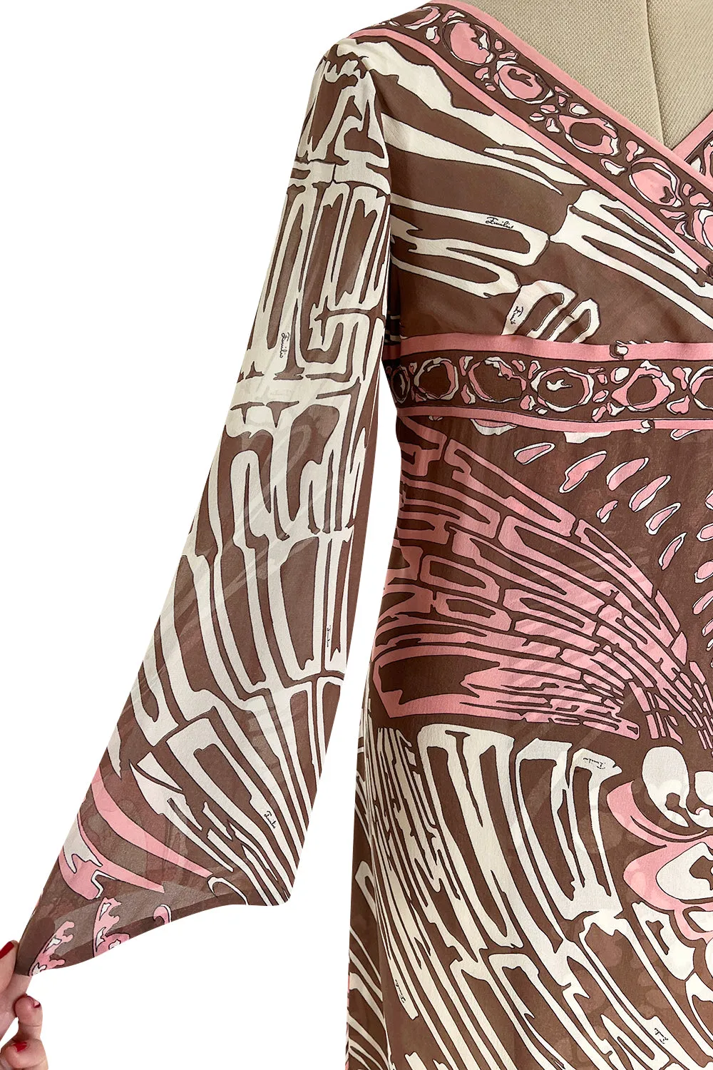 Wonderful 1960s Emilio Pucci Pink & Taupe Printed Silk Chiffon Caftan Dress