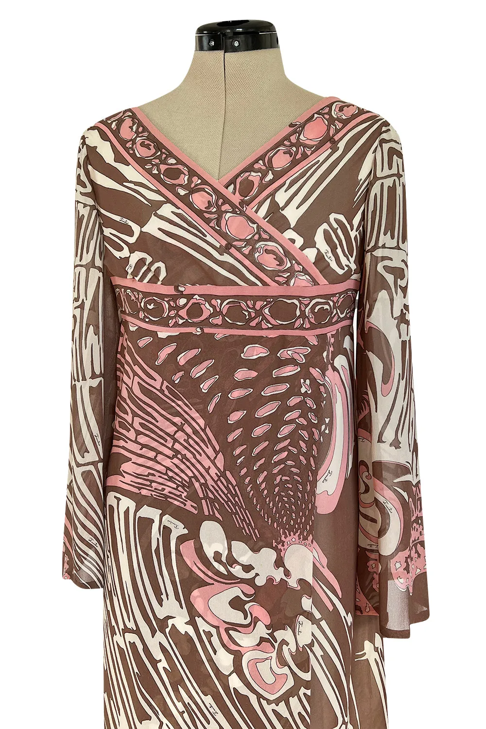 Wonderful 1960s Emilio Pucci Pink & Taupe Printed Silk Chiffon Caftan Dress
