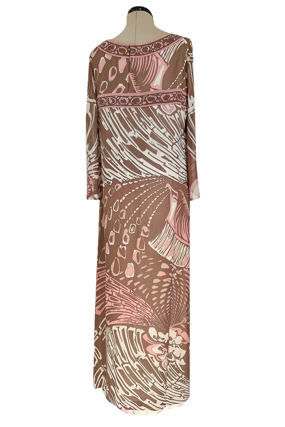 Wonderful 1960s Emilio Pucci Pink & Taupe Printed Silk Chiffon Caftan Dress