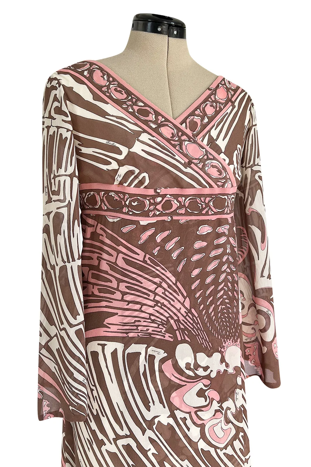 Wonderful 1960s Emilio Pucci Pink & Taupe Printed Silk Chiffon Caftan Dress