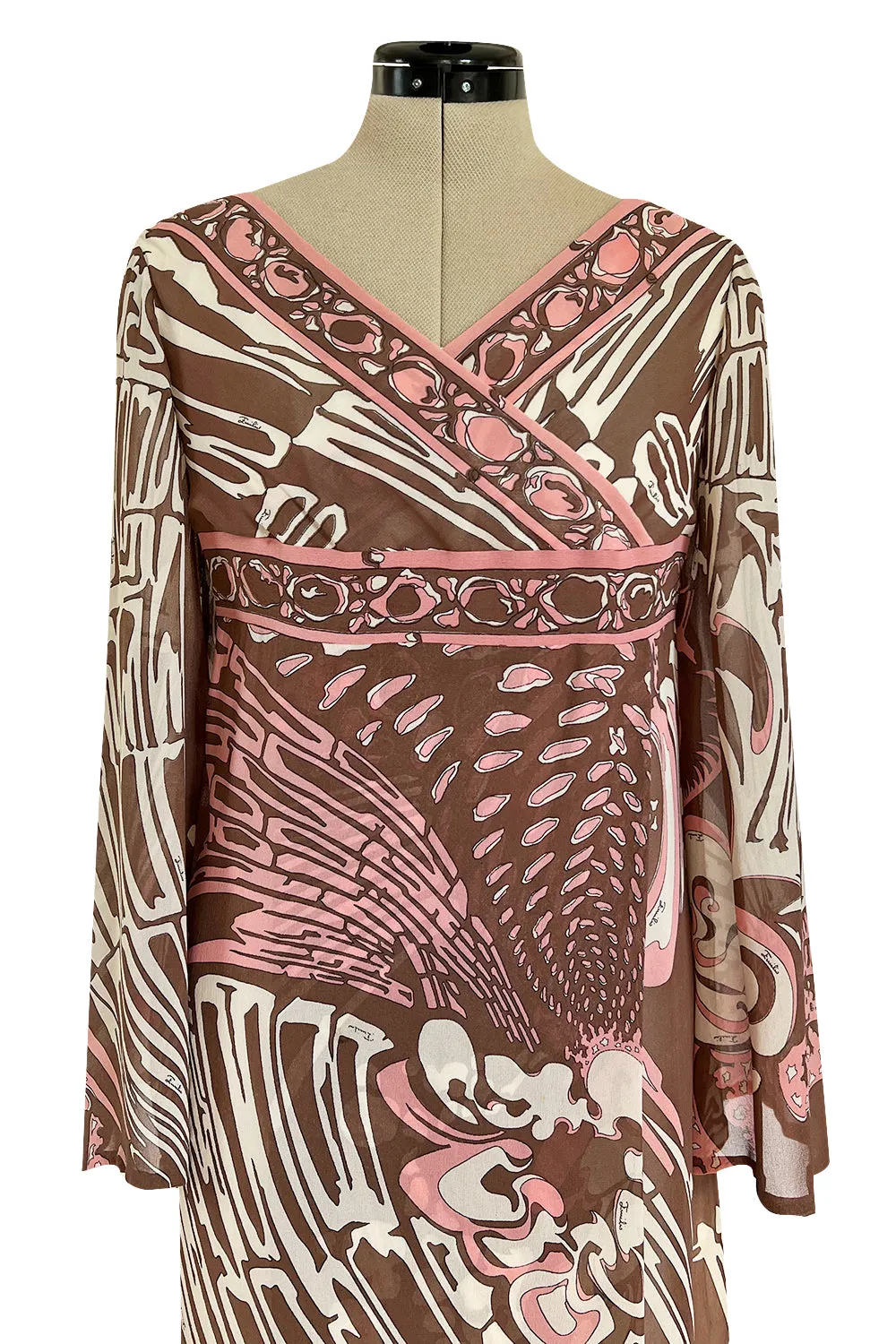 Wonderful 1960s Emilio Pucci Pink & Taupe Printed Silk Chiffon Caftan Dress