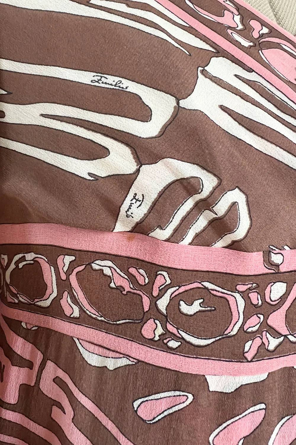 Wonderful 1960s Emilio Pucci Pink & Taupe Printed Silk Chiffon Caftan Dress
