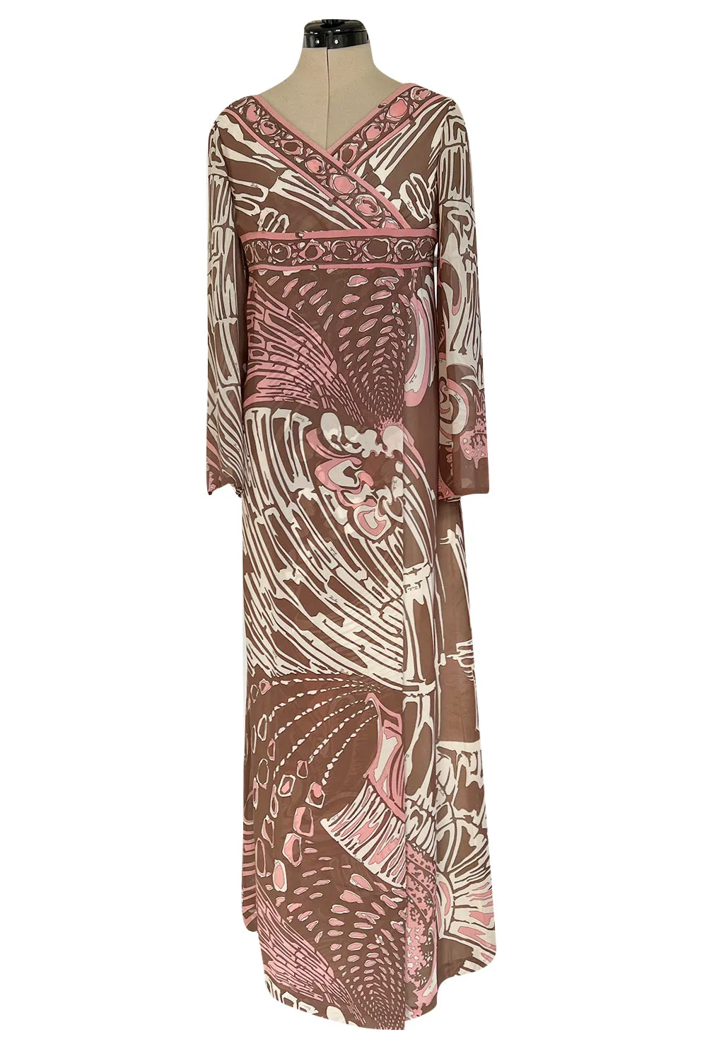Wonderful 1960s Emilio Pucci Pink & Taupe Printed Silk Chiffon Caftan Dress