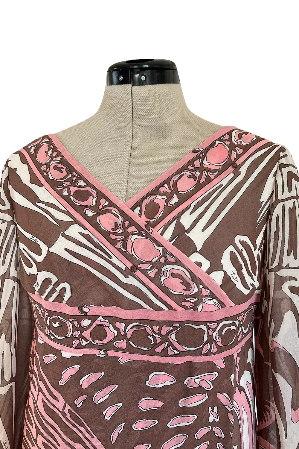 Wonderful 1960s Emilio Pucci Pink & Taupe Printed Silk Chiffon Caftan Dress