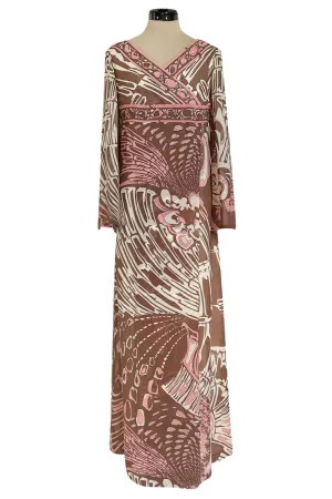 Wonderful 1960s Emilio Pucci Pink & Taupe Printed Silk Chiffon Caftan Dress