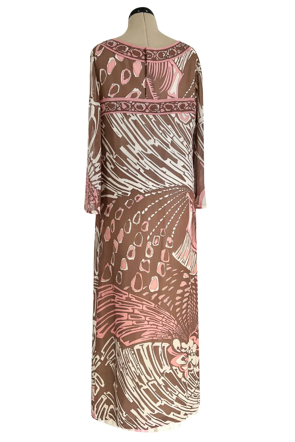 Wonderful 1960s Emilio Pucci Pink & Taupe Printed Silk Chiffon Caftan Dress