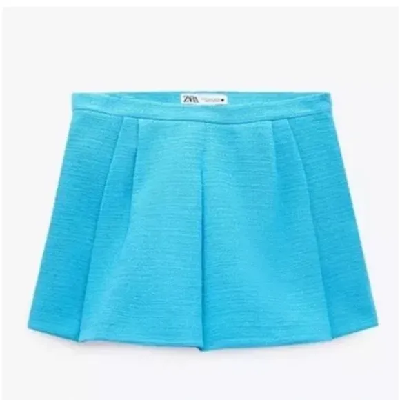 ZARA Pleated Tweed Weave Textured Mini Skirt Skort Shorts Blue NEW
