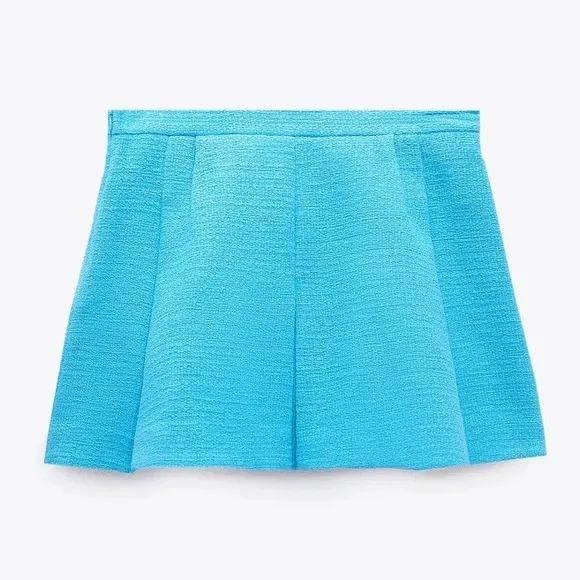 ZARA Pleated Tweed Weave Textured Mini Skirt Skort Shorts Blue NEW