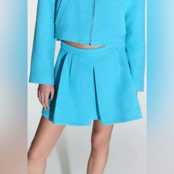 ZARA Pleated Tweed Weave Textured Mini Skirt Skort Shorts Blue NEW