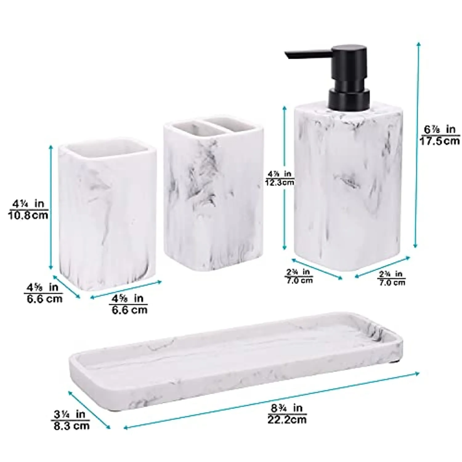 zccz Bathroom Accessory Sets, 4 Pieces Bathroom Accessories Complete Set Vanity Countertop Accessory Set with Marble Look, Includes Lotion Dispenser Soap Pump, Tumbler, Toothbrush Holder and Tray
