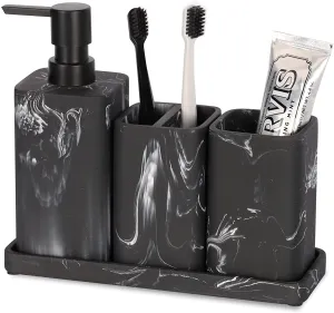 zccz Bathroom Accessory Sets, 4 Pieces Bathroom Accessories Complete Set Vanity Countertop Accessory Set with Marble Look, Includes Lotion Dispenser Soap Pump, Tumbler, Toothbrush Holder and Tray