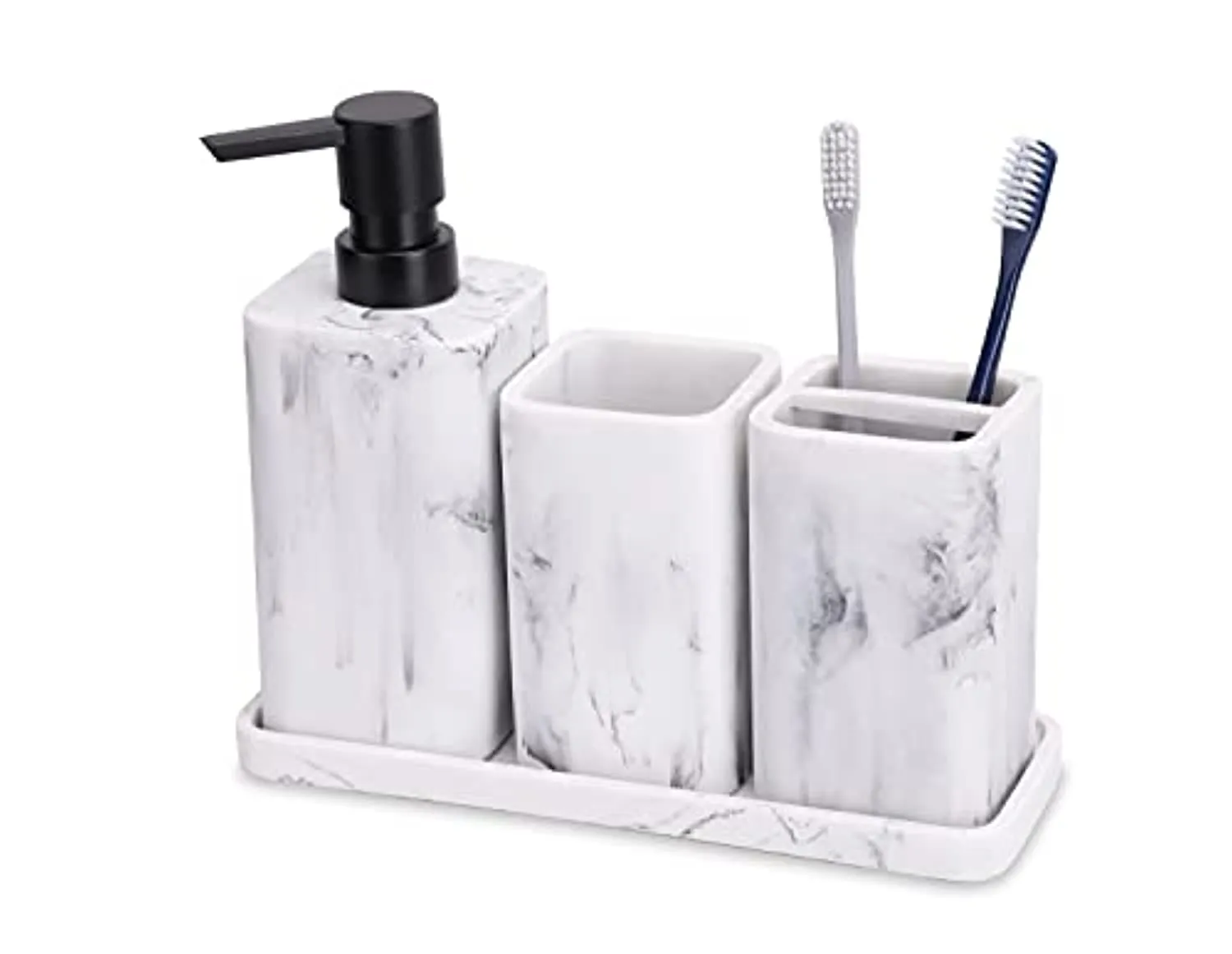 zccz Bathroom Accessory Sets, 4 Pieces Bathroom Accessories Complete Set Vanity Countertop Accessory Set with Marble Look, Includes Lotion Dispenser Soap Pump, Tumbler, Toothbrush Holder and Tray
