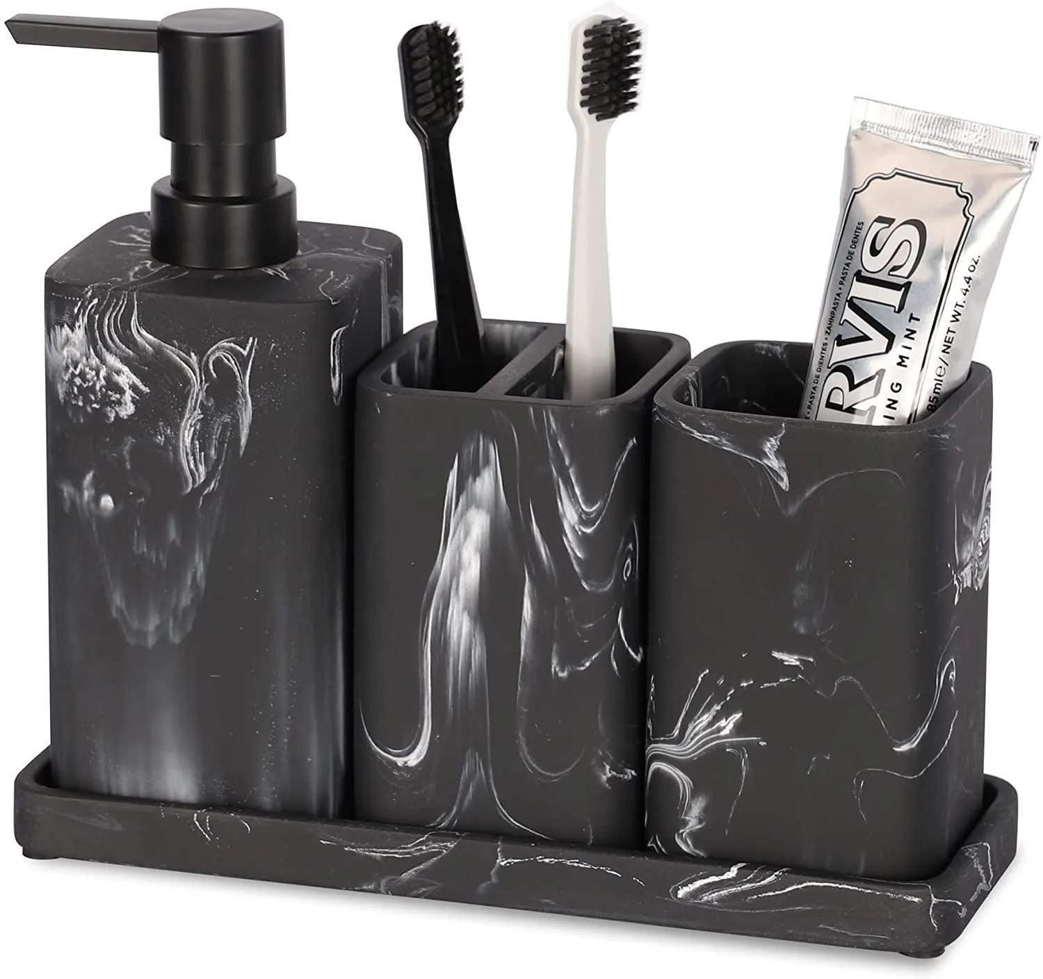 zccz Bathroom Accessory Sets, 4 Pieces Bathroom Accessories Complete Set Vanity Countertop Accessory Set with Marble Look, Includes Lotion Dispenser Soap Pump, Tumbler, Toothbrush Holder and Tray
