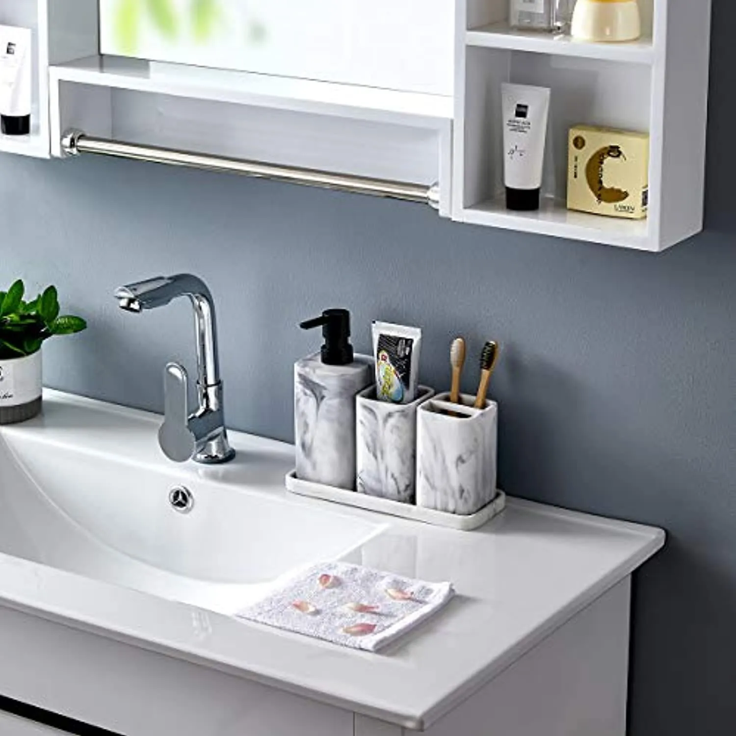 zccz Bathroom Accessory Sets, 4 Pieces Bathroom Accessories Complete Set Vanity Countertop Accessory Set with Marble Look, Includes Lotion Dispenser Soap Pump, Tumbler, Toothbrush Holder and Tray