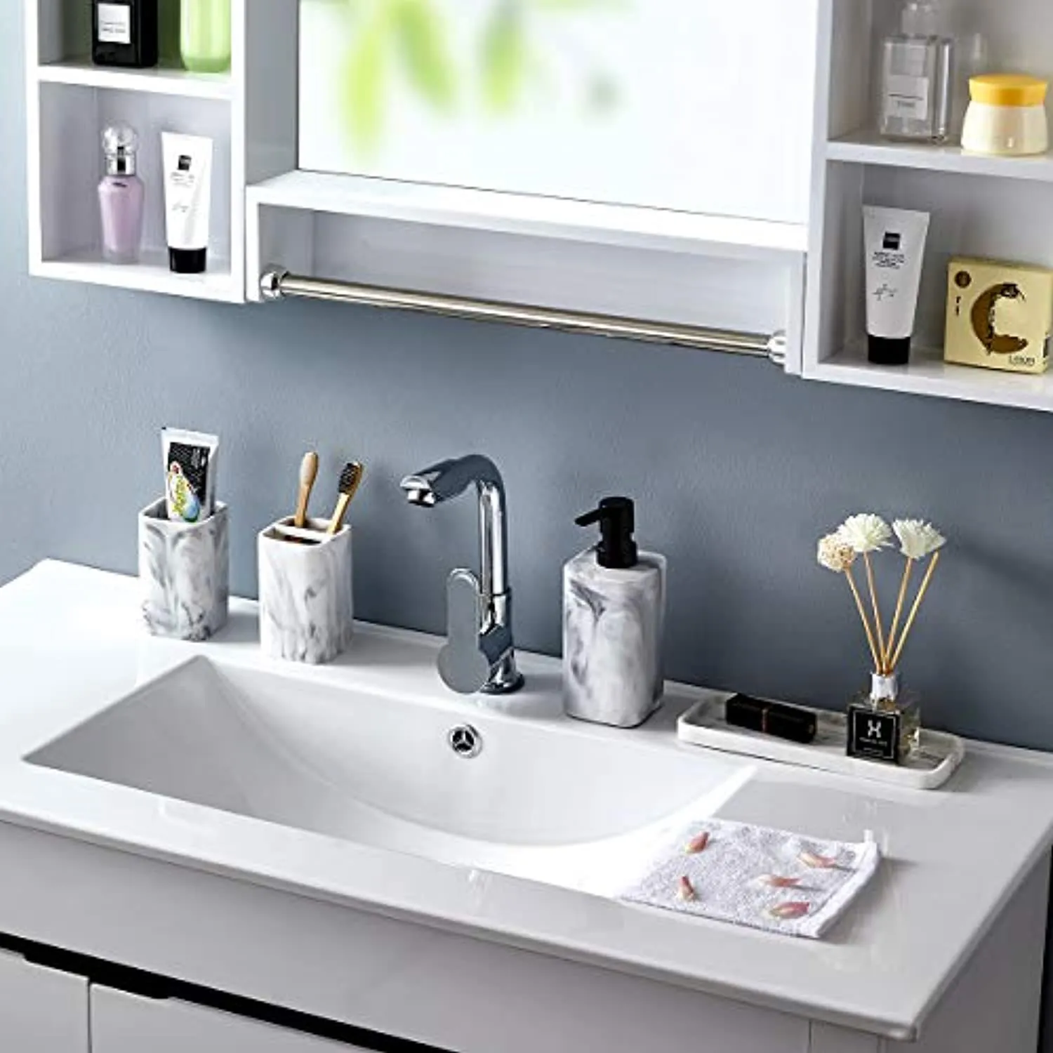 zccz Bathroom Accessory Sets, 4 Pieces Bathroom Accessories Complete Set Vanity Countertop Accessory Set with Marble Look, Includes Lotion Dispenser Soap Pump, Tumbler, Toothbrush Holder and Tray