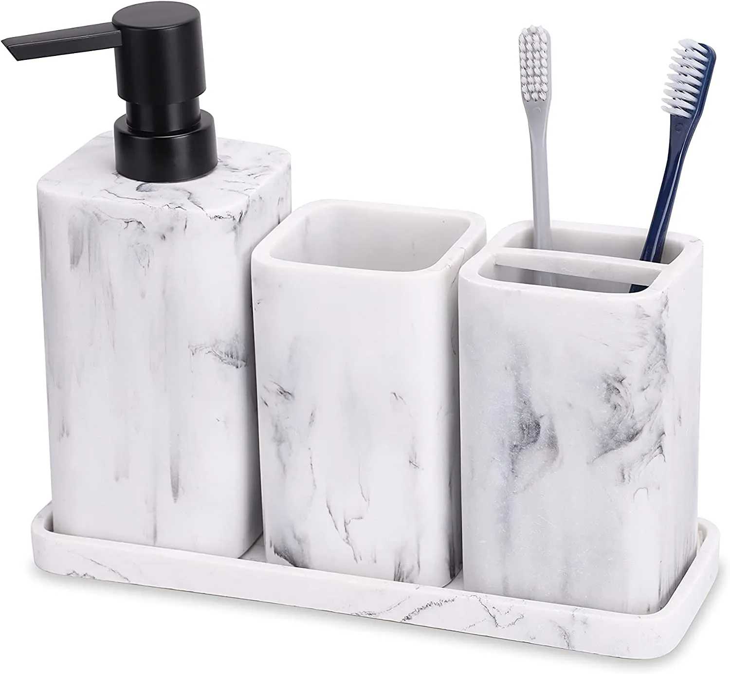 zccz Bathroom Accessory Sets, 4 Pieces Bathroom Accessories Complete Set Vanity Countertop Accessory Set with Marble Look, Includes Lotion Dispenser Soap Pump, Tumbler, Toothbrush Holder and Tray